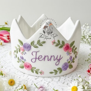 Embroidered Birthday Crown Rose Flower Embroidery Party Crown Custom Name Linen Crown Personalized Keepsake for First Birthday