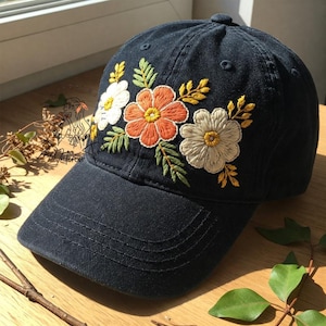 Custom Bunch Wildflowers Hand Embroidered Baseball Cap Personalized Name Embroidery Hat Wash Cotton Hat Gift for Flower Lovers