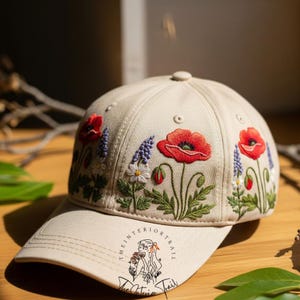 Custom Poppy and Wildflower Hand Embroidered Baseball Cap Personalized Name Embroidery Wash Cotton Hat Gift for Floral Lovers