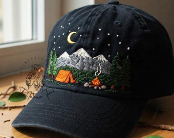 Custom Mountain Scene Hand Embroidered Baseball Cap Personalized Name Embroidery Hat Wash Cotton Hat Gift for Nature Lovers