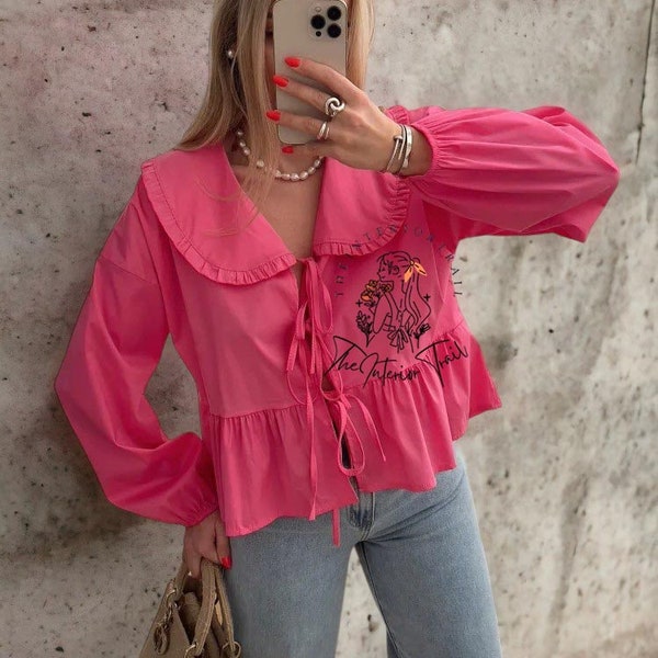 White Blue Chic Lapel Doll Collar Blouse For Women 2024 Spring Fashion Lantern Long Sleeve Lace Up Shirts Female Cropped Tops Streetwear