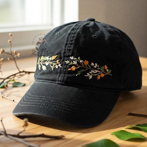 Custom Wildflower Branches Hand Embroidered Baseball Cap Personalized Name Embroidery Hat Wash Cotton Hat Gift for Flower Lovers