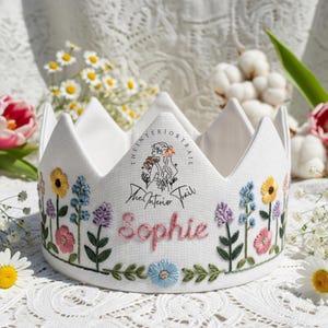 Embroidered Birthday Crown Wildflower Hand Embroidery Party Crown Custom Name Linen Crown Personalized Keepsake for First Birthday