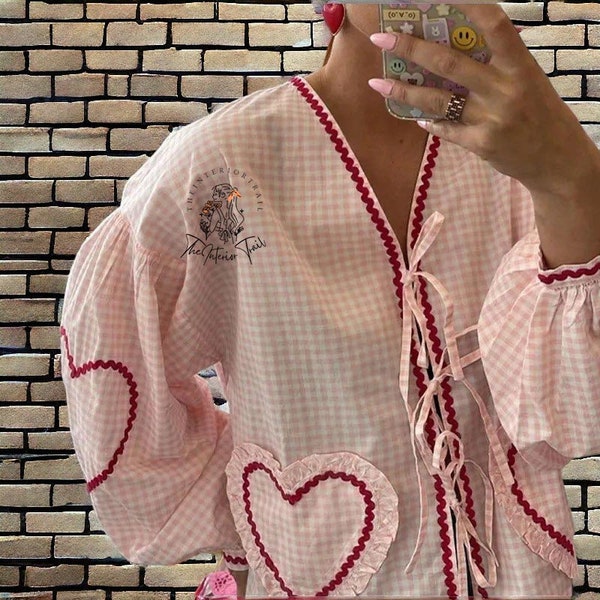 Plaid Bow Lace Up Heart Pockets Shirt Women Pink Stripe Blue Long Puff Sleeve V-neck Casual Blouse 2024 Spring Female Fashion Loose Tops