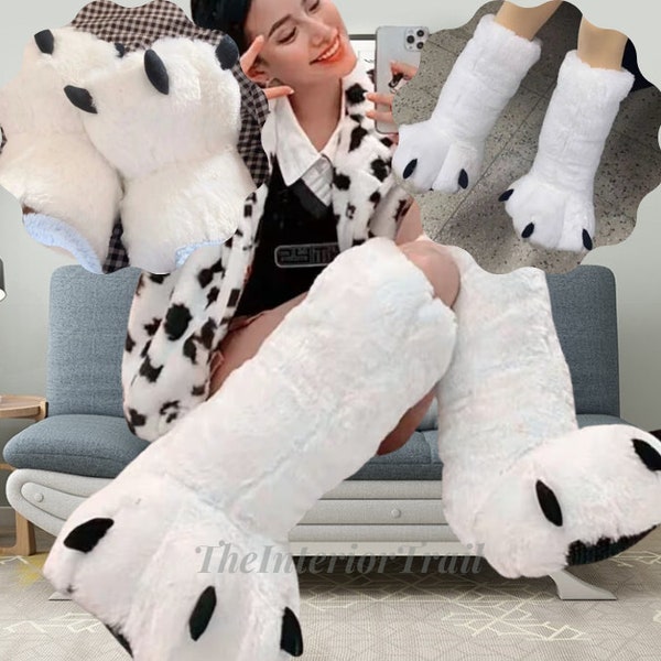 Extremely Unique White Bear Paw Shaped Fur House Slippers