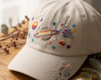 Custom Planet and Star Space Hand Embroidered Baseball Cap Personalized Name Embroidery Hat Wash Cotton Hat Gift for Galaxy Lovers