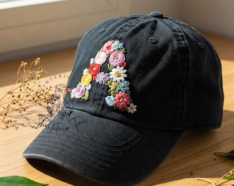 Custom Letter Flower Hand Embroidered Baseball Cap Personalized Name Embroidery Hat Wash Cotton Hat Gift for Flower Lovers
