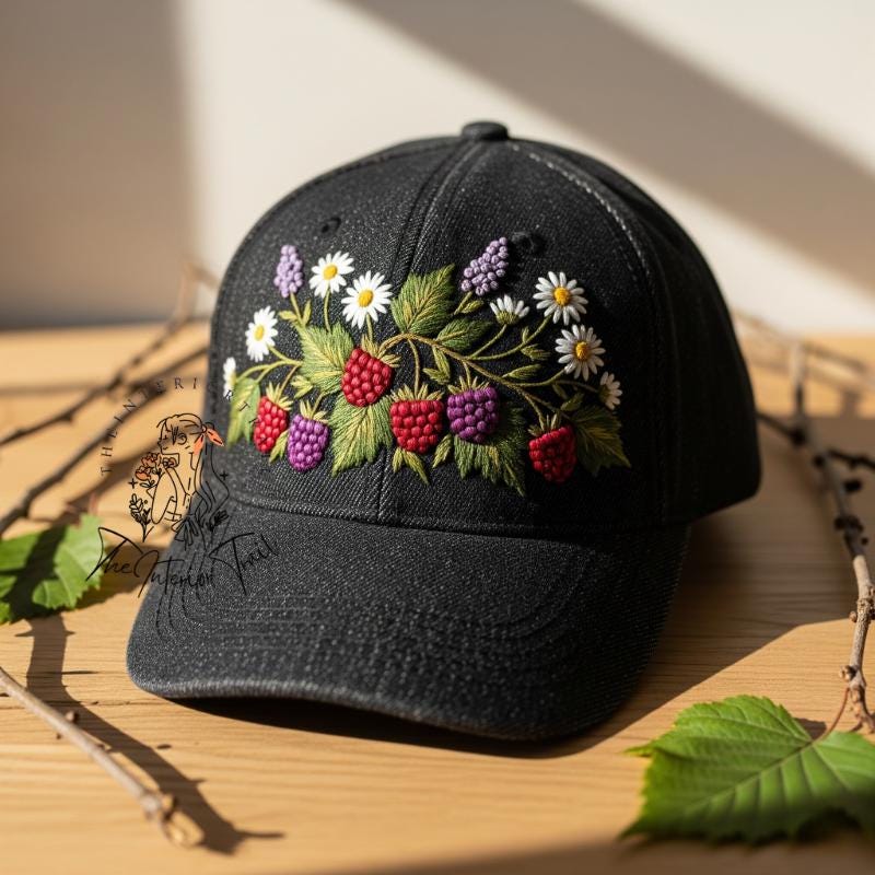 Custom Strawberry and Lavender Daisy Hand Embroidered Baseball Cap Personalized Name Embroidery Hat Wash Cotton Hat Gift for Flower Lovers