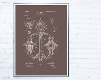 1901 Lamp Patent Drawing - Vintage Patent Drawing - Digital Download - Espresso Background