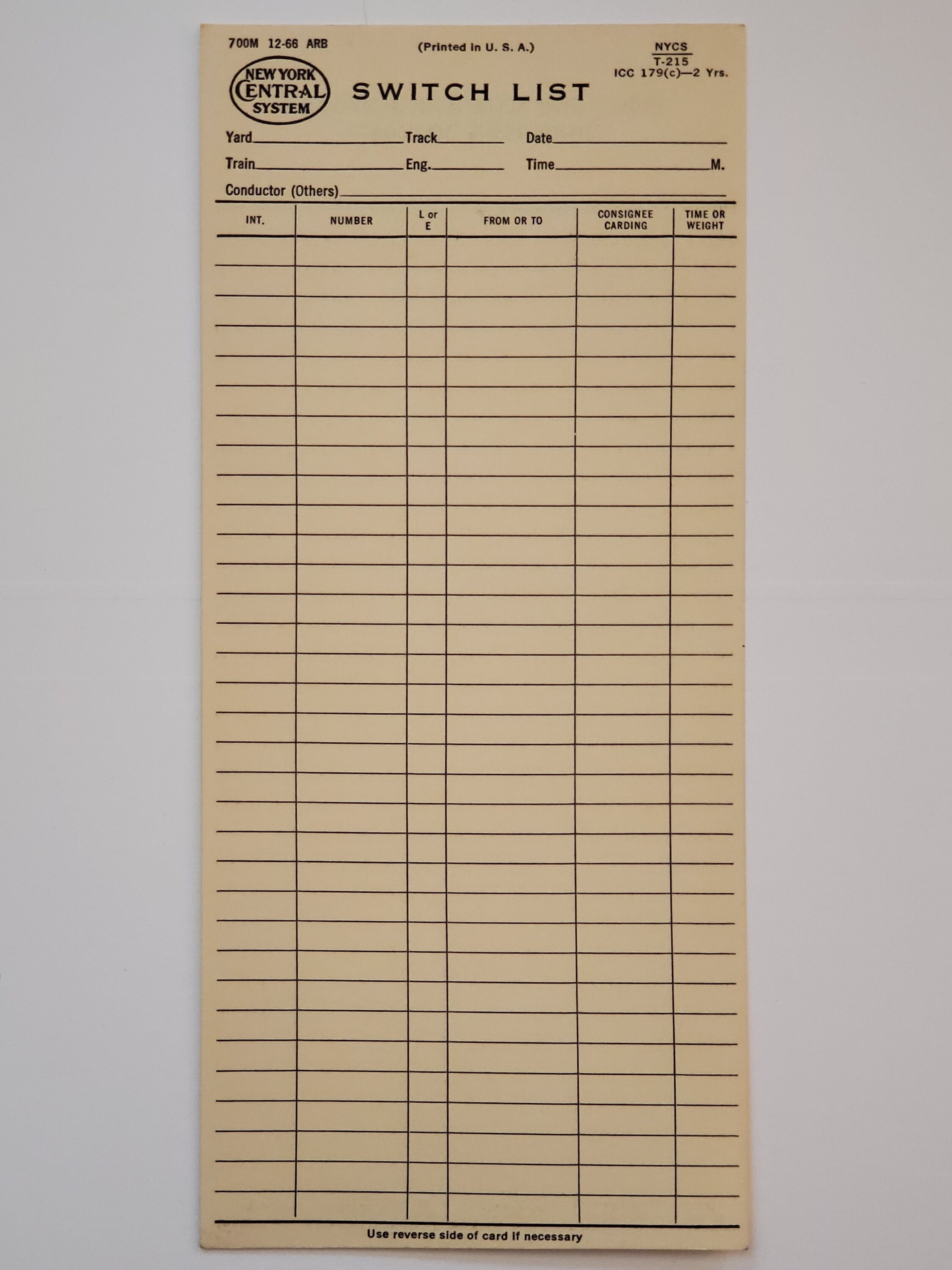 New York Central Railroad Switch List Card Blank | Etsy UK