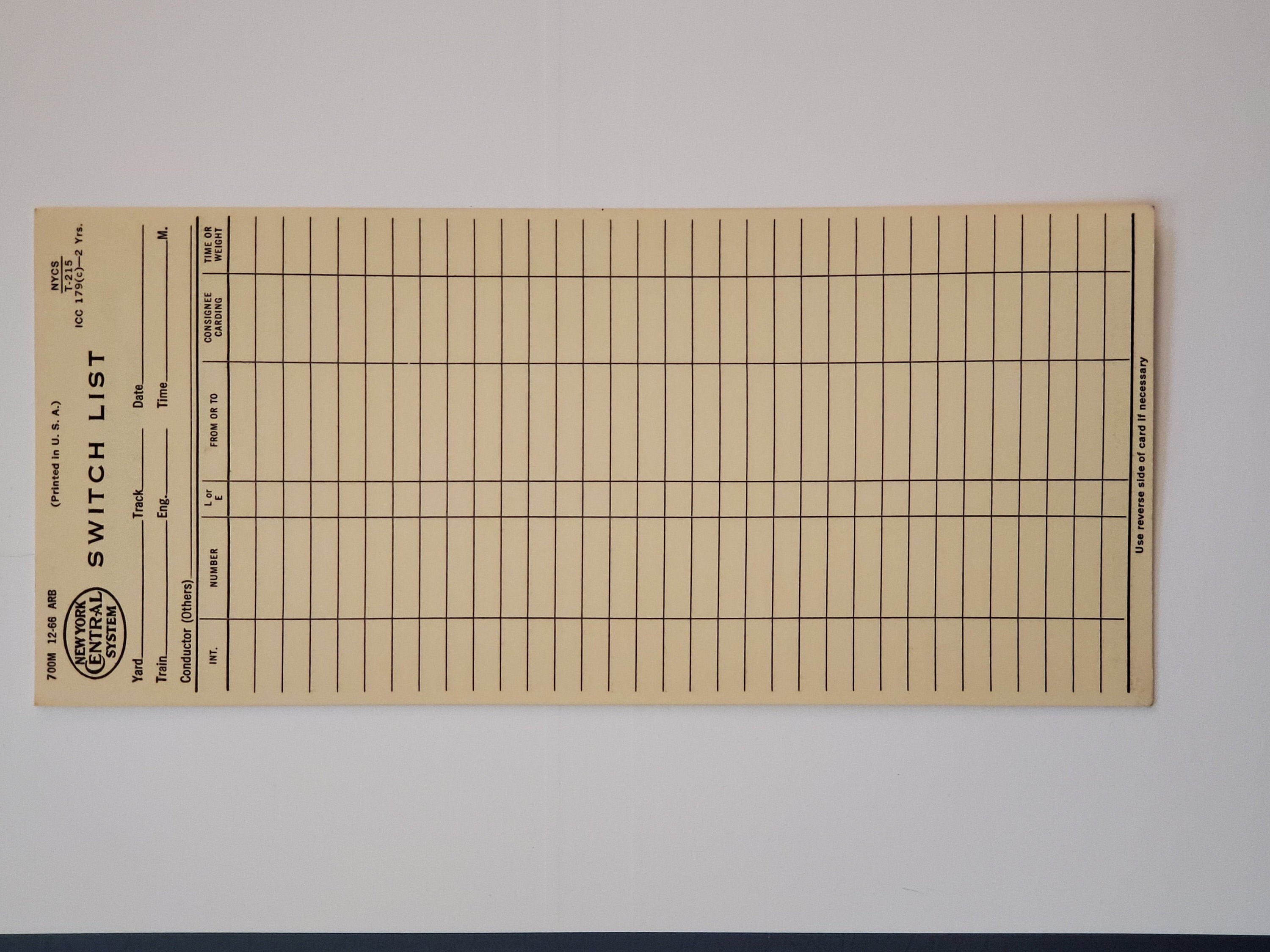 New York Central Railroad Switch List Card Blank Etsy UK