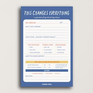 May include: A blue and white notepad with the text "THIS CHANGES EVERYTHING" and a practical guide to big ideas. The notepad has sections for ideas, reality checks, time commitment, and desired outcomes.