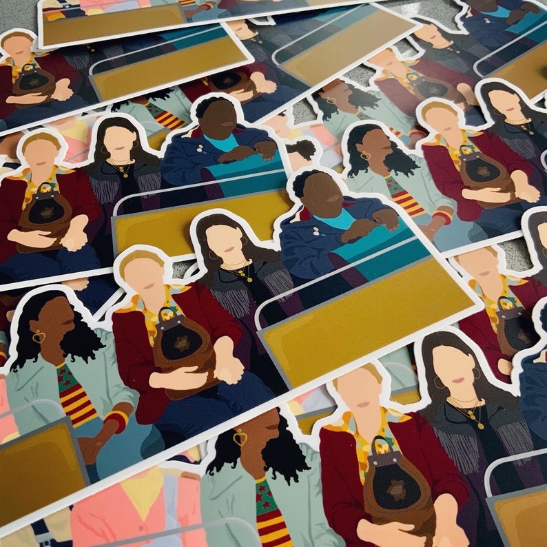 May include: A set of colorful stickers featuring illustrations of women wearing different outfits and carrying purses. The stickers are printed on a white background and have a glossy finish.
