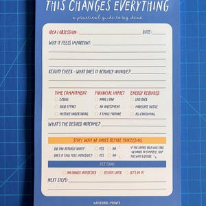 May include: A blue and white notepad with the text "THIS CHANGES EVERYTHING" and prompts for idea assessment. It includes sections for idea/obsession, time commitment, financial impact, and desired outcome. The notepad also has a decision-making section.