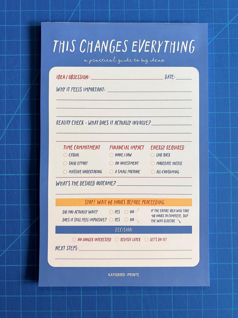 May include: A blue and white notepad with the text "THIS CHANGES EVERYTHING" and prompts for idea assessment. It includes sections for idea/obsession, time commitment, financial impact, and desired outcome. The notepad also has a decision-making section.