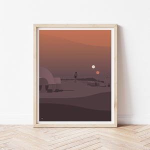 May include: A digital illustration of a desert landscape with a single building in the distance. The sky is a gradient of orange and pink, with two white stars in the upper right corner.