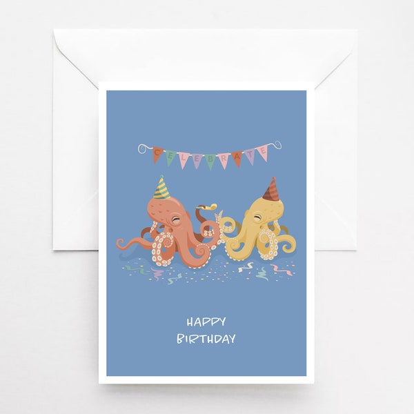 HAPPY BIRTHDAY - Birthday Card - Cute Birthday Card - Octopus Card - Octopus Gift - Octopi - Animal Card - 8th Birthday - Eighth Birthday