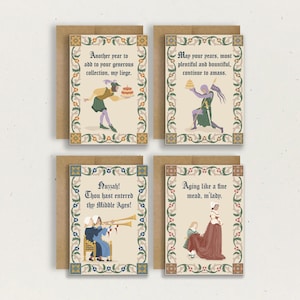 YE OLDE BIRTHDAY - Set of 4 Cards - Medieval Birthday - Happy Birthday My Liege - Renaissance - Funny Medieval Card - Medieval Gift - Knight
