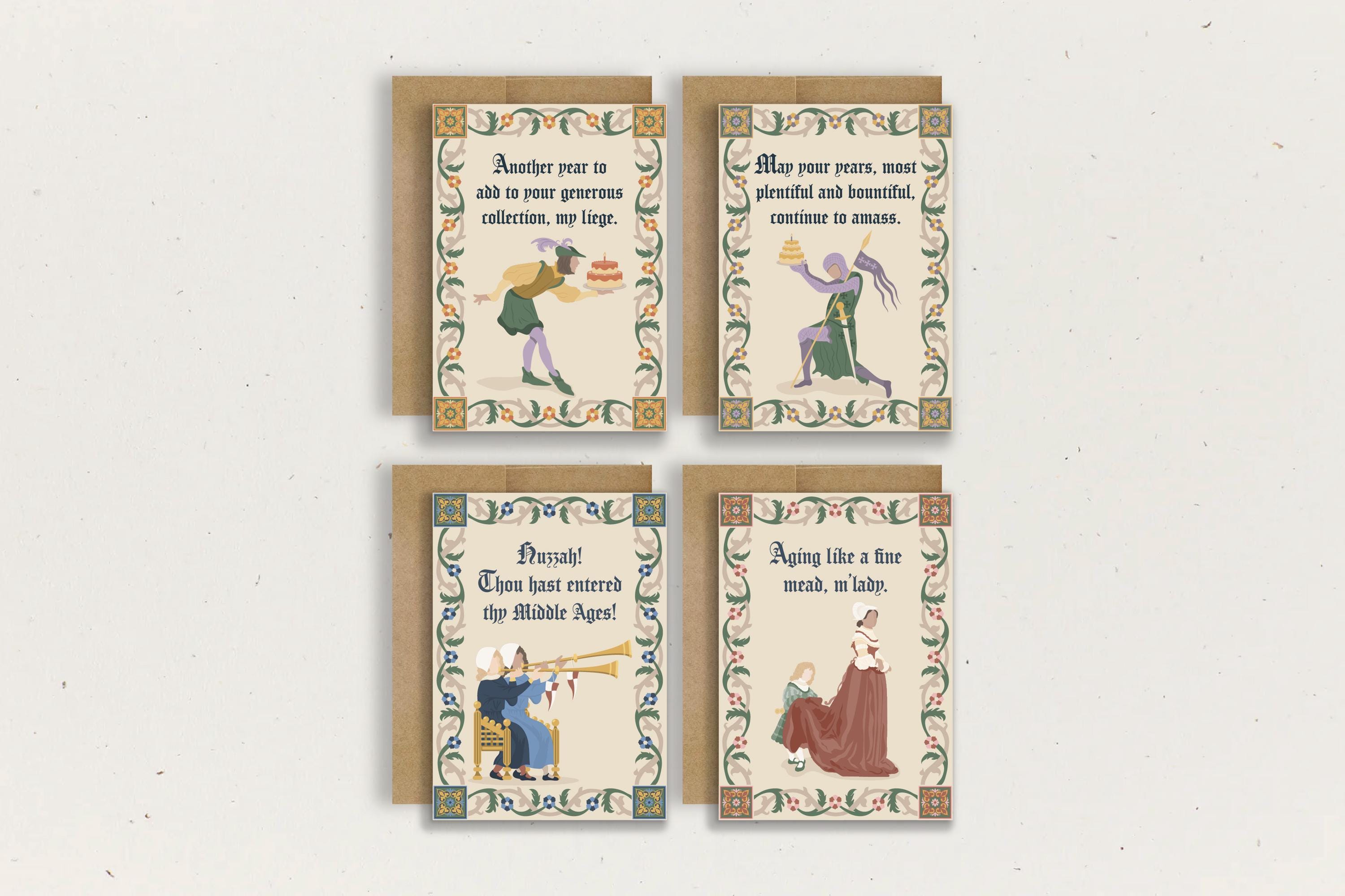 YE OLDE BIRTHDAY - Set of 4 Cards - Medieval Birthday - Happy Birthday My Liege - Renaissance - Funny Medieval Card - Medieval Gift - Knight
