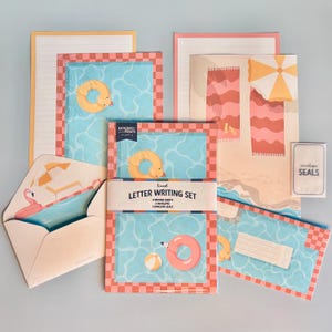PISCINA E PRAIA - Conjunto de cartas para escrever - Conjunto de cartas fofas - Conjunto de cartas kawaii - Presente de papelaria - Papelaria de verão - Conjunto de praia - Papelaria para piscina