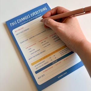 May include: A blue and white notepad with the text "THIS CHANGES EVERYTHING" and a practical guide to big ideas. A hand holds a pink pen, poised to write on the notepad. The notepad has sections for idea/obsession, reality check, and decision-making.