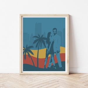 Puede incluir: Una ilustraci&oacute;n digital de una pareja de pie frente a un horizonte de ciudad con palmeras y una puesta de sol en el fondo. La pareja est&aacute; silueteada en azul, y el horizonte de la ciudad est&aacute; en el fondo. La puesta de sol est&aacute; en tonos de rojo, naranja y amarillo.