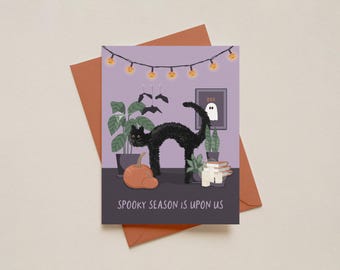 SPOOKY SEASON - Cute Halloween Card - Halloween Black Cat - Quirky Halloween card - Retro nostalgia Halloween - 90s Vibe - Cute October Card