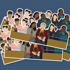 May include: A stack of stickers featuring a group of diverse people sitting in a row. The people are wearing various clothing, including a red jacket, a green jacket, and a blue jacket. The stickers are on a blue background.
