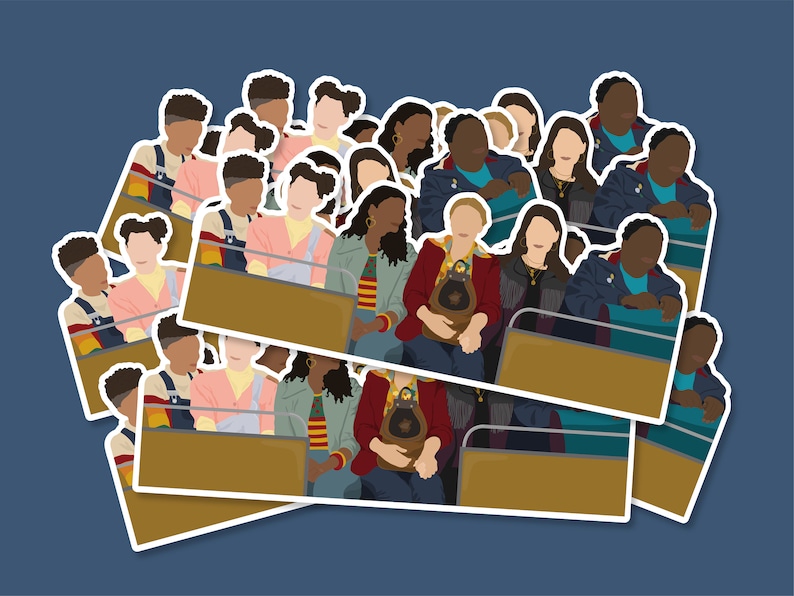 May include: A stack of stickers featuring a group of diverse people sitting in a row. The people are wearing various clothing, including a red jacket, a green jacket, and a blue jacket. The stickers are on a blue background.