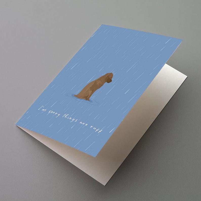 May include: A folded greeting card with a light blue cover featuring a brown dog in water under a rain illustration. The text "I'm sorry things are ruff" is written in white script.