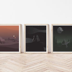 May include: Three framed illustrations of scenes from Star Wars. The first shows a desert landscape with a large building and two moons. The second shows a dark space scene with a figure in a black cloak. The third shows a forest scene with a large moon in the sky.