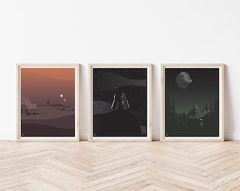 GALAXY TRILOGY - Space - Star Wall Art - Sci-Fi Art - Binary Sunset - The Dark Side - The Shield Generator - Moon - Sith - Minimalist Poster