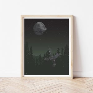 May include: A framed print of a black and white illustration of a spaceship flying over a dark green forest with a large moon in the background.