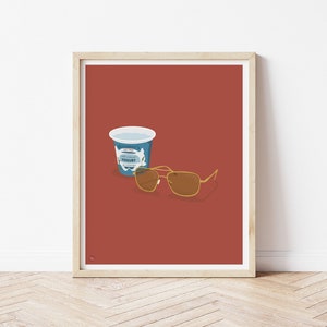 Puede incluir: Una ilustraci&oacute;n minimalista de un contenedor de yogur azul y unas gafas de sol aviador marrones sobre un fondo rojo.