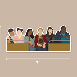 May include: A sticker featuring six cartoon figures sitting on a bench. The figures are all wearing different clothes and have different hairstyles. The sticker is 7 inches wide and 3 inches tall.