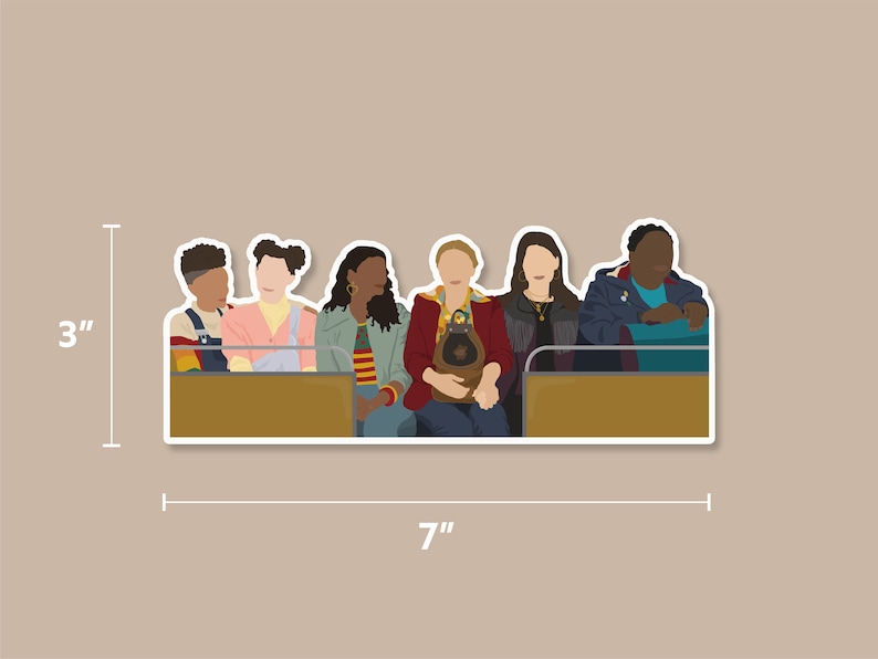 May include: A sticker featuring six cartoon figures sitting on a bench. The figures are all wearing different clothes and have different hairstyles. The sticker is 7 inches wide and 3 inches tall.