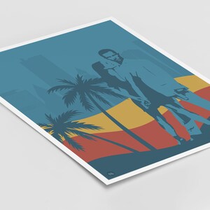 Puede incluir: Una ilustraci&oacute;n azul y amarilla de una pareja de pie frente a palmeras y un horizonte de ciudad. La pareja se toma de la mano y el hombre lleva una chaqueta. El fondo es un degradado de azul, amarillo y rojo.