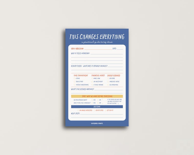 May include: A blue and white notepad with the text "THIS CHANGES EVERYTHING" and a practical guide to big ideas. The notepad has sections for ideas, reality checks, time commitment, and desired outcomes.