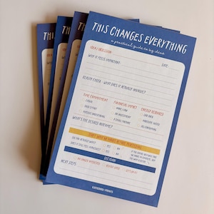 May include: A stack of blue notepads with the text "THIS CHANGES EVERYTHING" in white. The notepad is a practical guide to big ideas, with sections for idea/obsession, reality check, time commitment, and desired outcome.