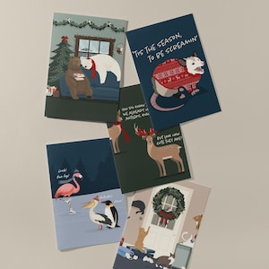 HOLIDAY CARD SET of 5 - Cute Christmas Cards - Animal Holiday Cards - Festive Animals - Humorous Holiday Cards - Whimsical Cards - Wildlife