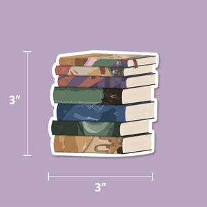 May include: A stack of eight books with colorful covers, each book is 3 inches wide and 3 inches tall.
