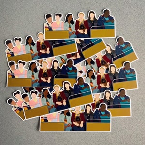 May include: A stack of colorful stickers featuring cartoon characters in various poses. The stickers are arranged in a staggered pattern, with some characters overlapping others. The stickers are all on a gray background.