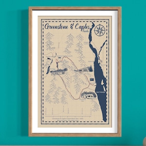 Greenstone and Caples Tracks-kaart, geïllustreerde wandelkaart, geweldige wandelingen van Nieuw-Zeeland, gepersonaliseerde kaart, Nieuw-Zeeland, wandelmuurkunst