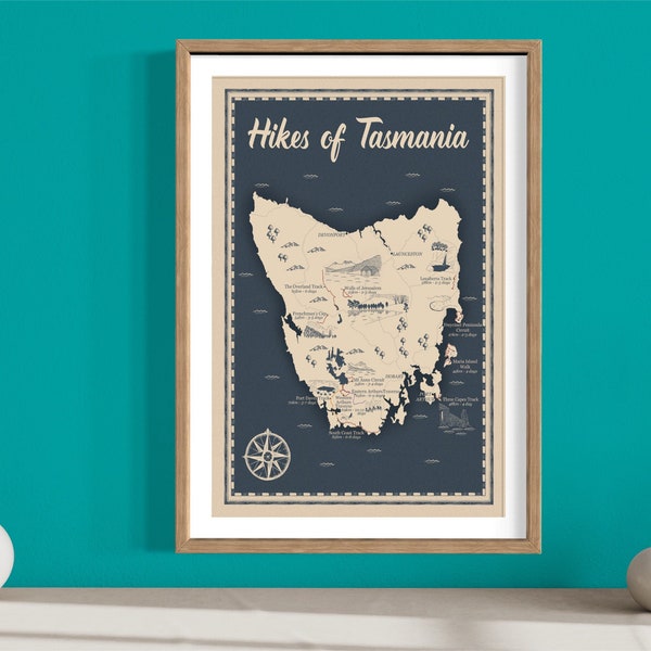 Hikes of Tasmania, Illustrated Hiking Map, Overland Trail, Multi day hikes of Tasmania, Tasmania, Three Capes Track, South Coast Track