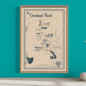 De routekaart overland, geïllustreerde wandelkaart, overlandroute poster, gepersonaliseerde routekaart, Tasmanië, wandelmuurkunst, wandelcadeau
