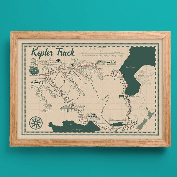 Kepler Track Map, Illustrated Hiking Map, Fiordland National Park, Personalised Map,  New Zealand, Aotearoa, Hiking Wall Art, Te Anau