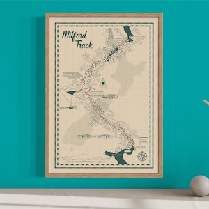 Carte des pistes de Milford, carte de randonnée illustrée, affiche de Milford Sound, carte personnalisée, Nouvelle-Zélande, Aotearoa, art mural de randonnée, cadeau de randonnée
