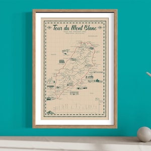 Tour du Mont Blanc Wanderkarte, Illustrierte Wanderkarte, TMB Karte, Wanderposter, Mont Blanc, Chamonix, Die Alpen