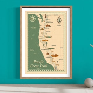 Carte du sentier des crêtes du Pacifique, carte de randonnée illustrée, affiche du sentier des crêtes du Pacifique, carte personnalisée, art mural randonnée, cadeau de randonnée, sentier John Muir