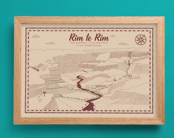 Carte du sentier Rim to Rim, carte de randonnée illustrée, affiche Rim to Rim, affiche du Grand Canyon, carte personnalisée, carte de voyage, oeuvre d'art de randonnée, cadeau de randonnée